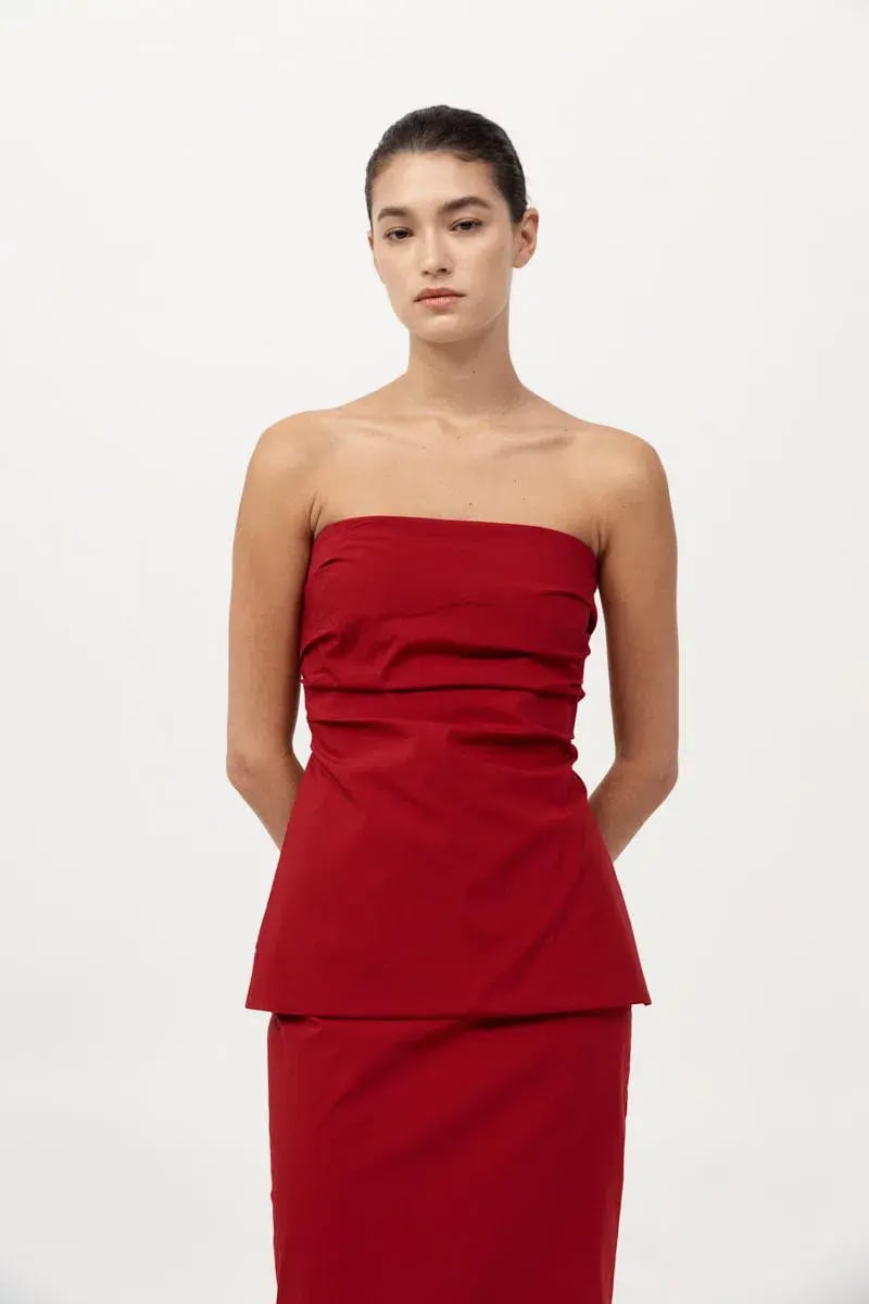 St Agni Strapless Tie Back Top and Minimal Column Skirt Set Rosso Red Size 8 photo 7