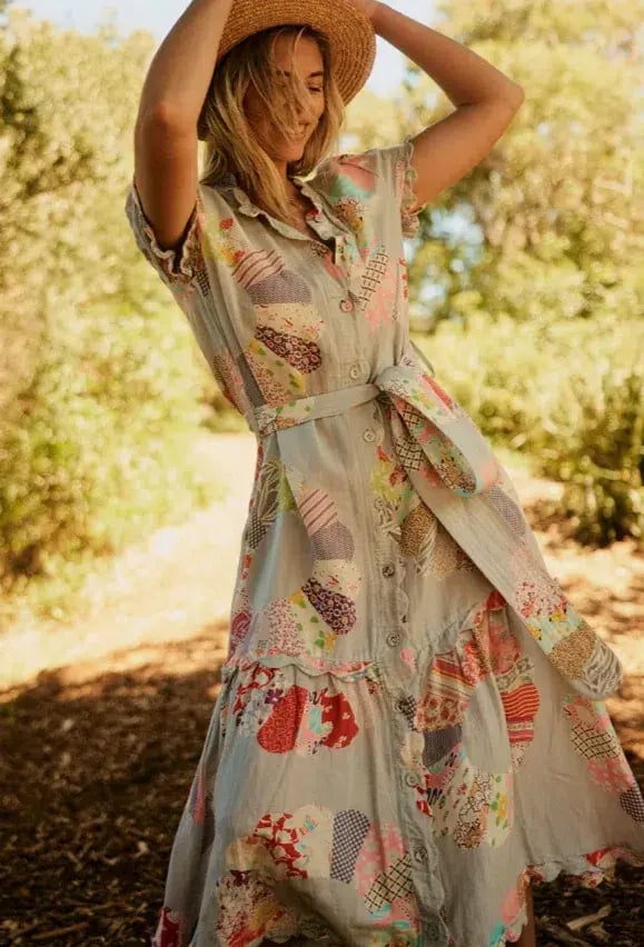 Binny Wheel of Fortune Linen Viscose Midi Dress Chambray Patchwork Print Size 16 photo 3