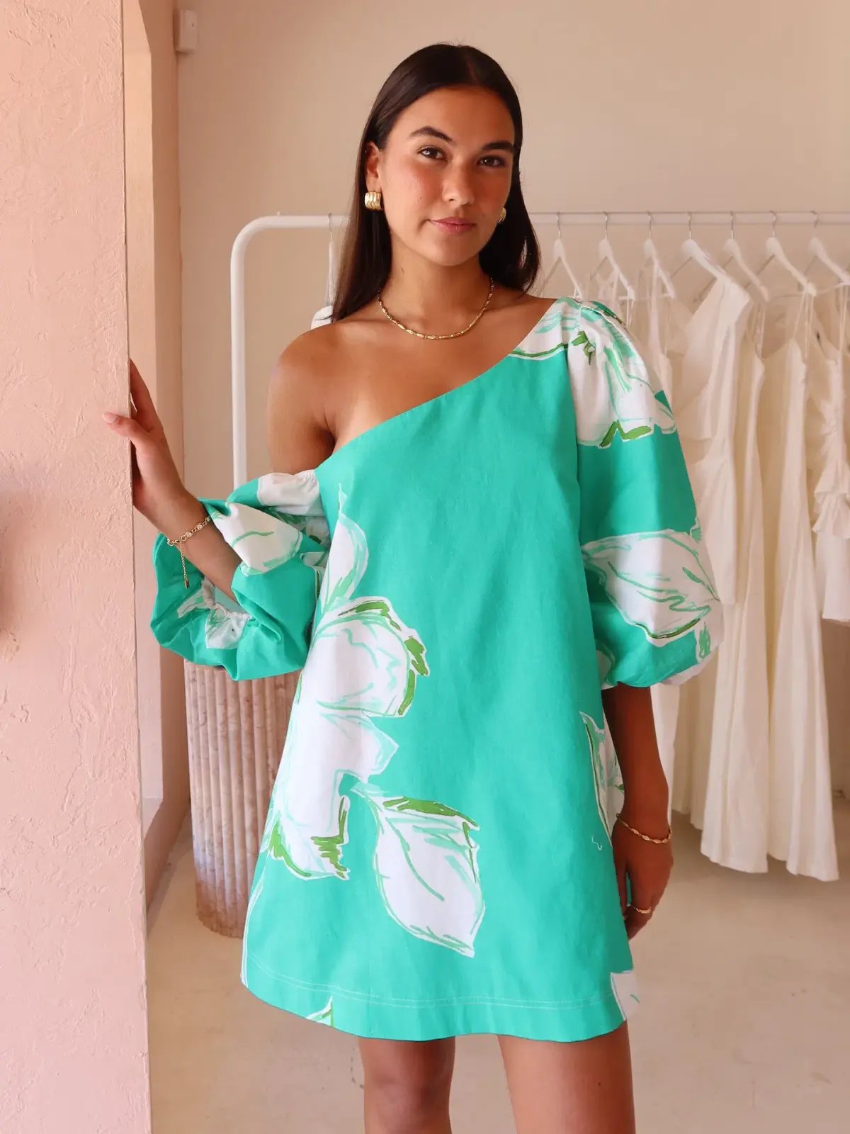 By Nicola Capri Off Shoulder Relaxed Mini Dress in Verde Fleur Size 10 photo 2