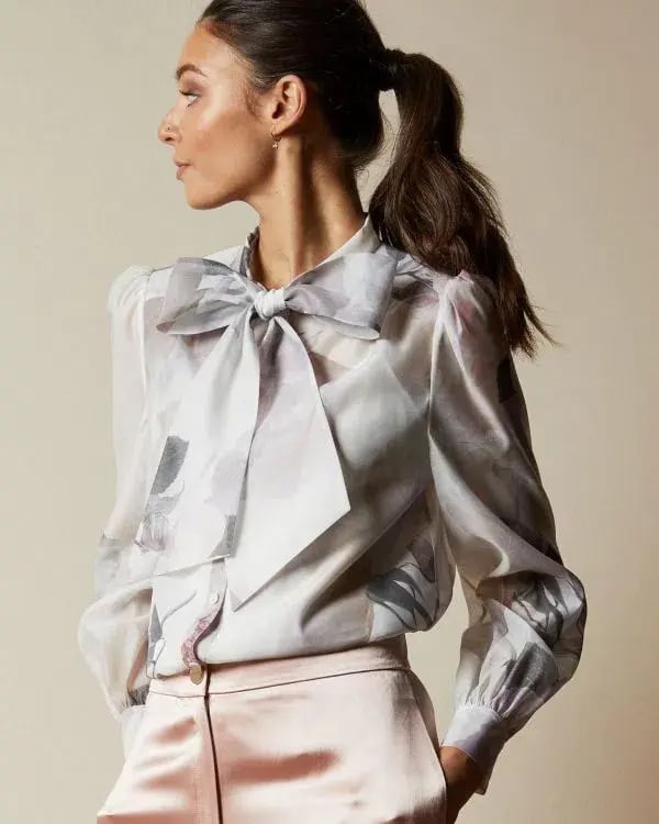 Ted Baker Mirta Floral Pussy Bow Blouse in Ivory Print in Size 2/AU 10 photo 3