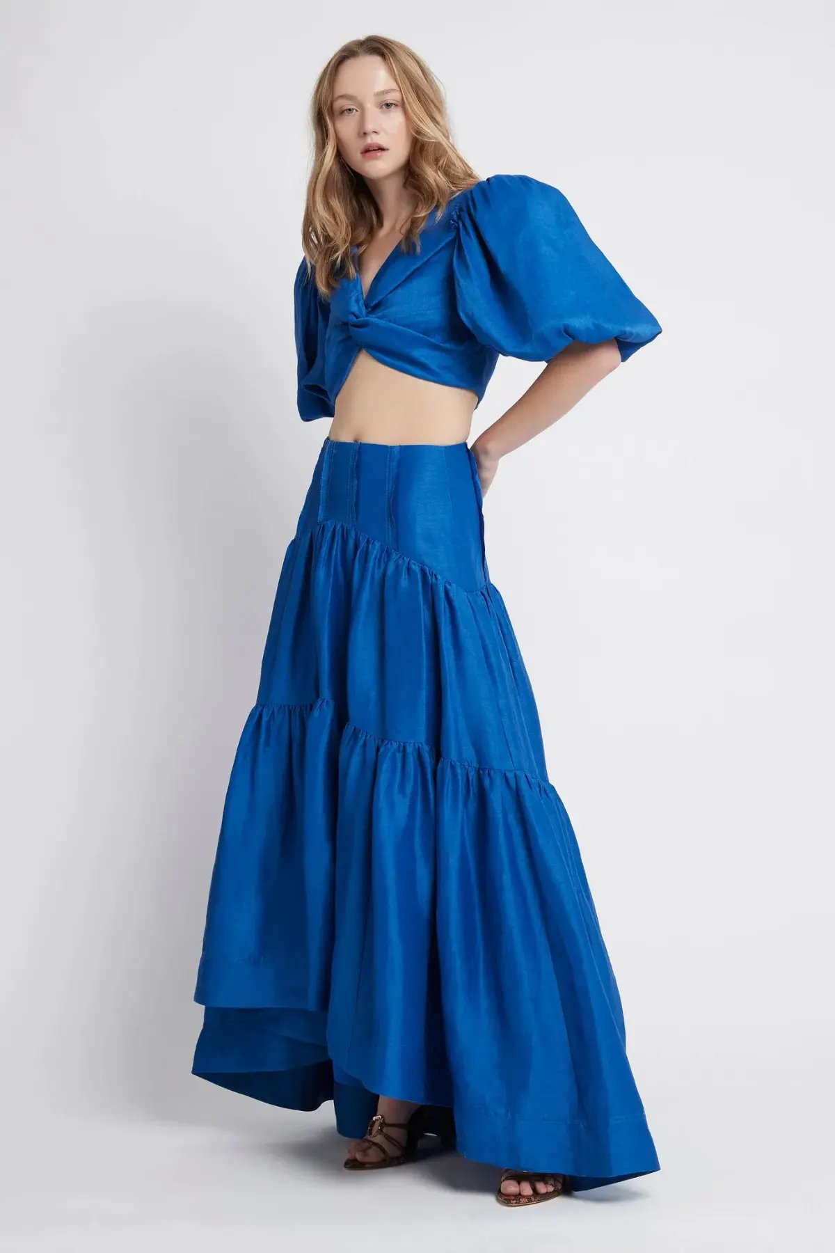Aje Reverb Set Puff Sleeve Crop Top and Gathered Midi Skirt Set Blue Size 8 photo 2