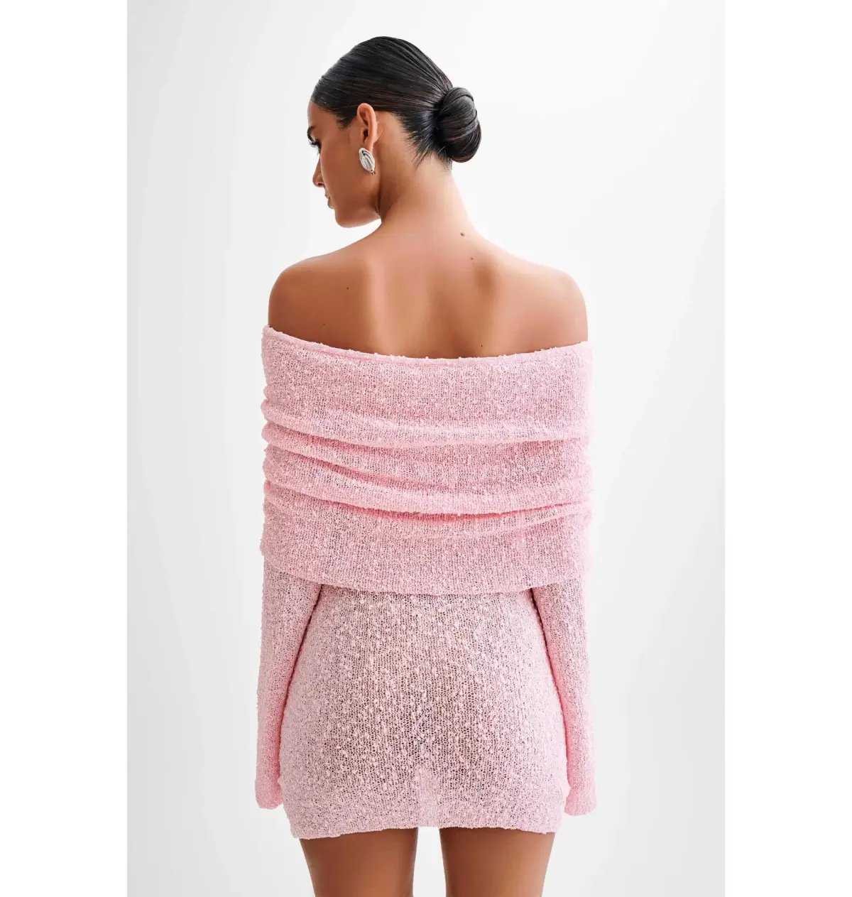 Meshki Marisol Off Shoulder Boucle Mini Dress in Baby Pink Size S / AU 8 photo 3