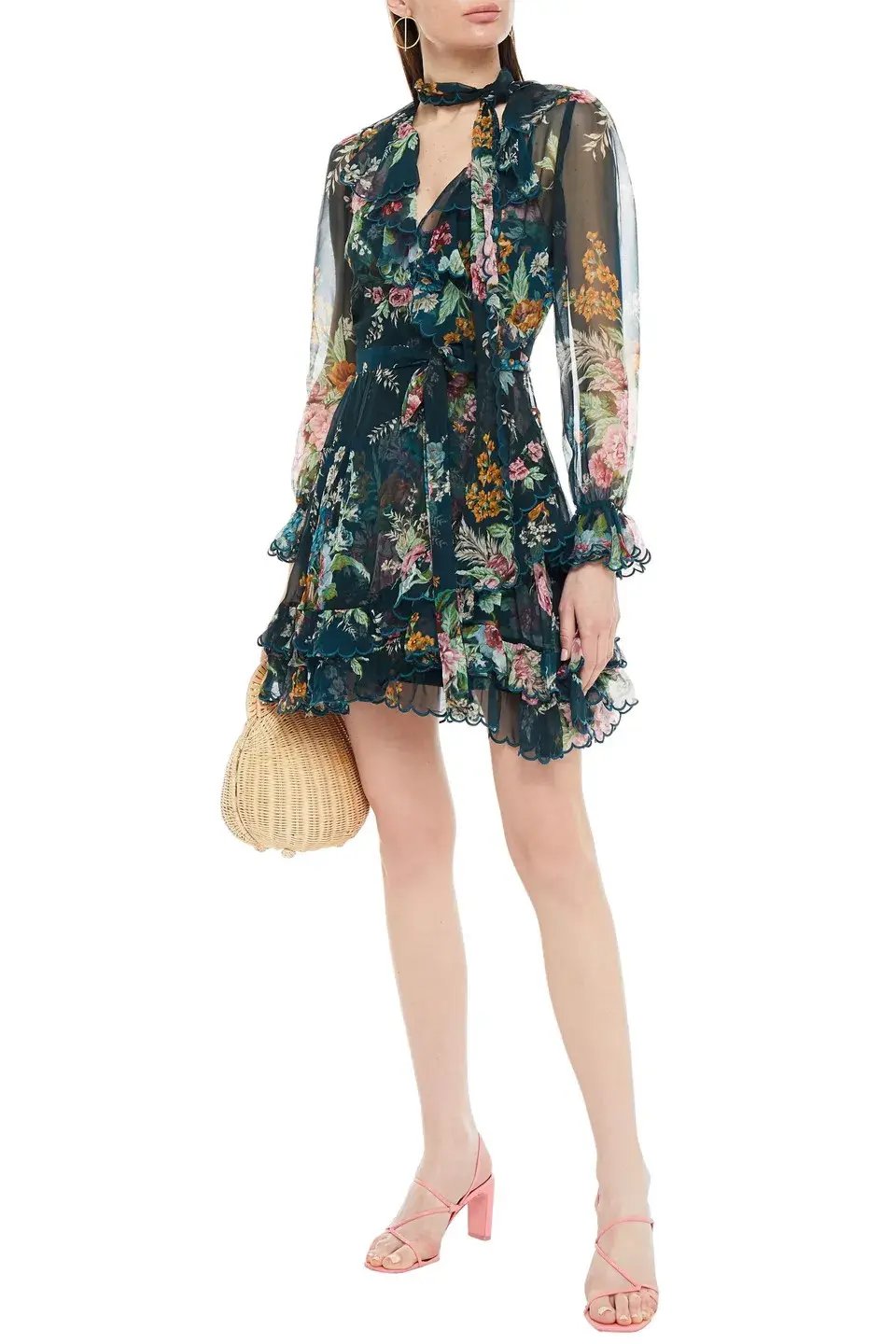 Zimmermann Wavelength Scallop Ruffled Mini Wrap Dress Teal Daphne Floral Size 8 photo 2