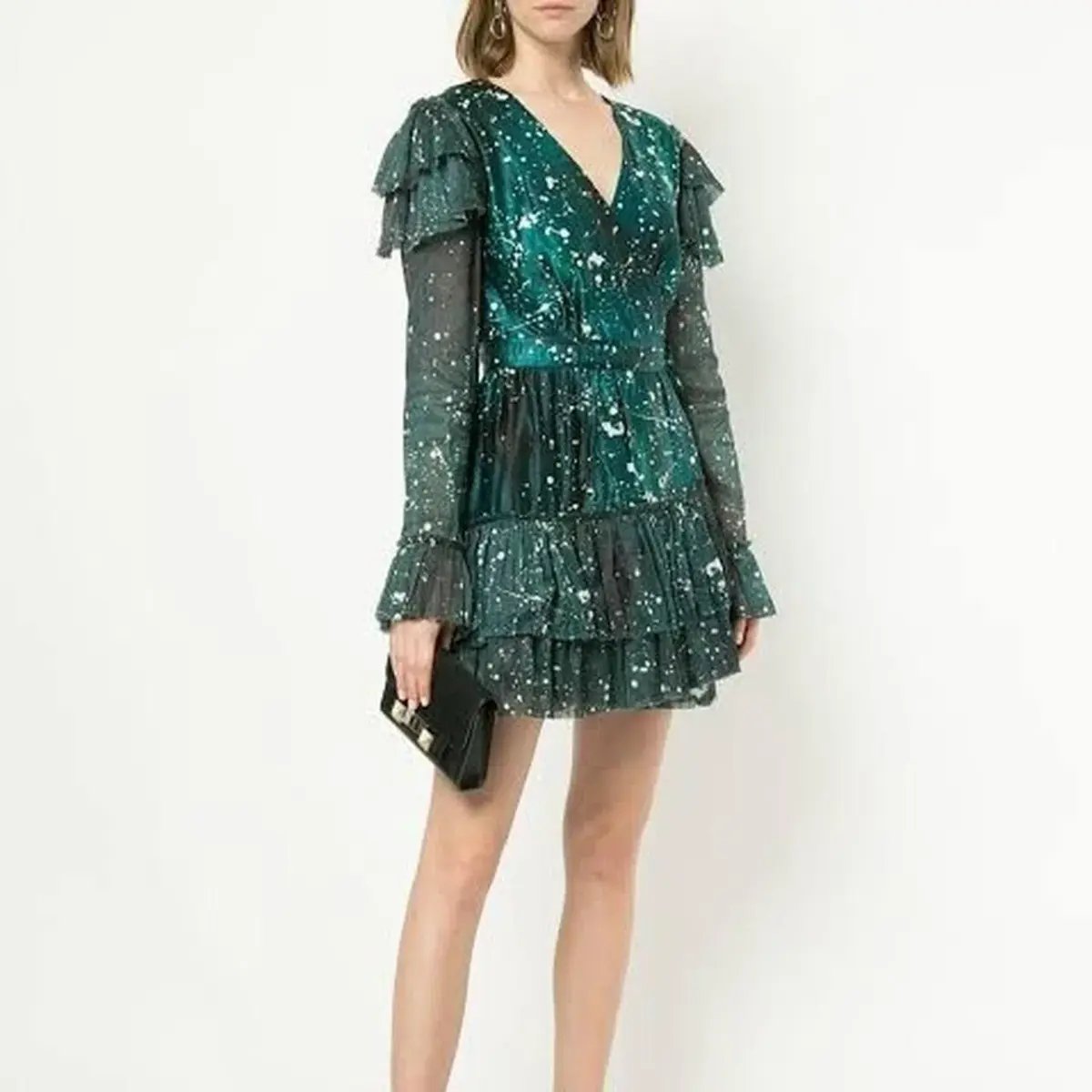 Aje Sorocco Ruffle Mini Dress Green White Flared Sleeves Silk Linen Blend Green Size 10 photo 2