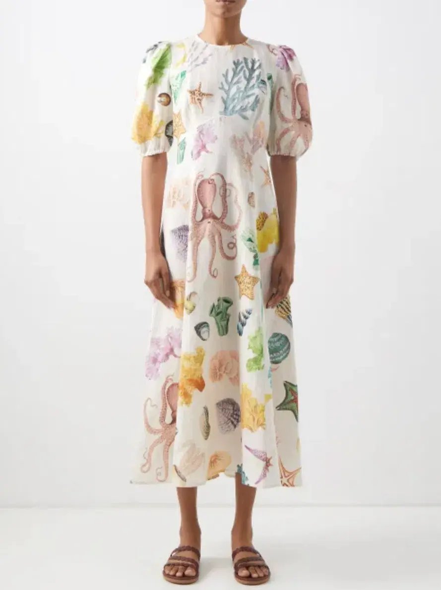 Alemais Adella Atlantis-print Linen-voile Midi Dress Print Size 12 photo 3