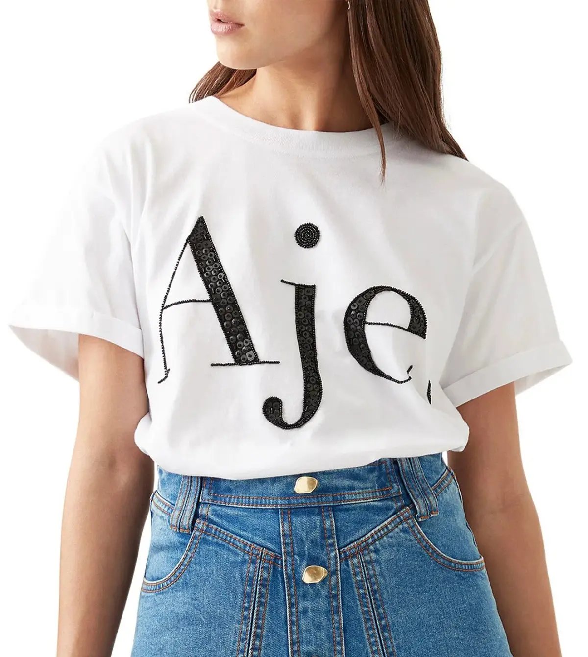 Aje Belmond Mini Skirt in Denim Blue Size 8 and Logo Tee White Print Size 6 Set photo 2