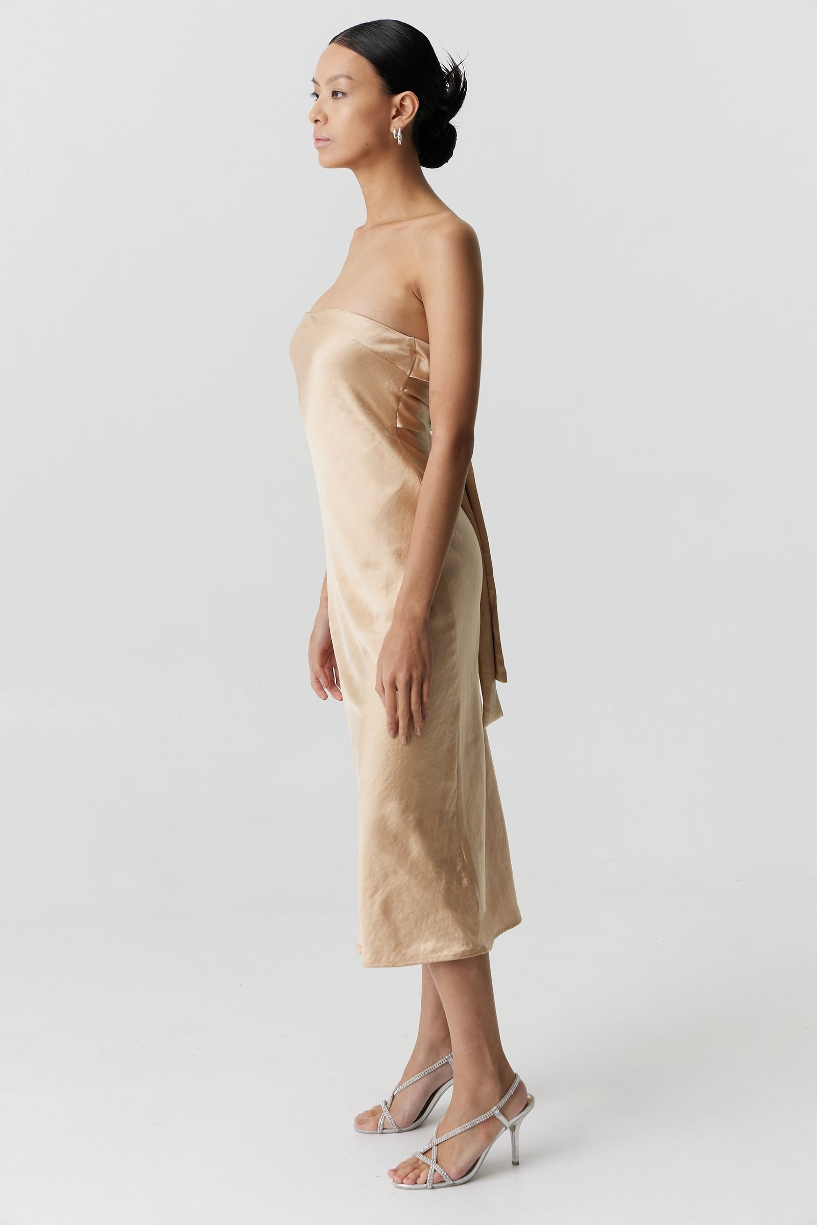 THIRD FORM SATIN TIE BACK STRAPLESS MIDI DRESS - SAND photo 4