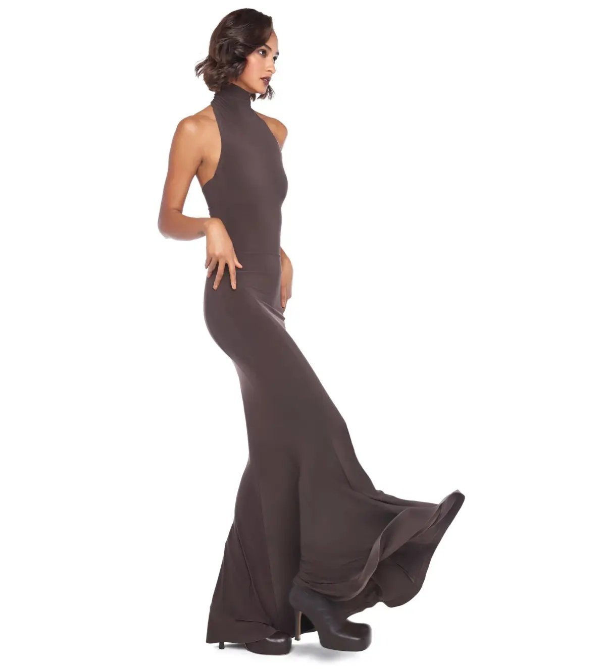 Norma Kamali Halter Turtle Fishtail Gown Chocolate Size AU 8 photo 2