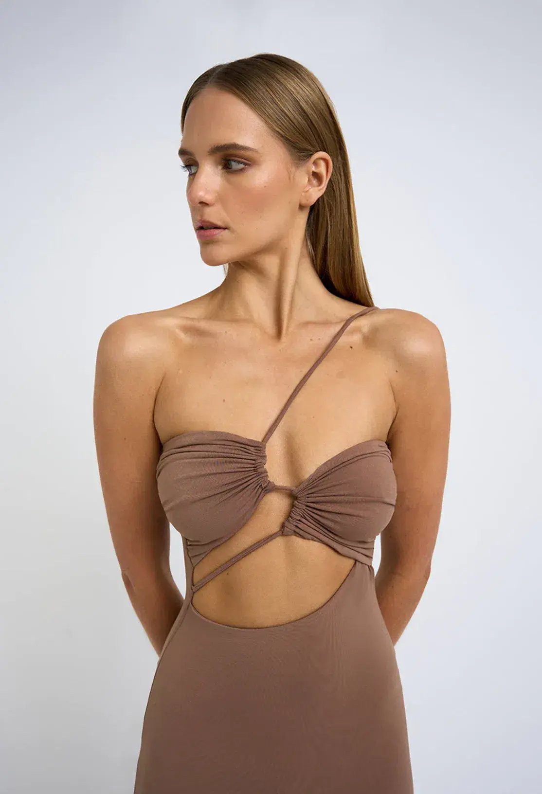 By Johnny Siya Slice Gather Midi Dress Tan Size 12 / L photo 2