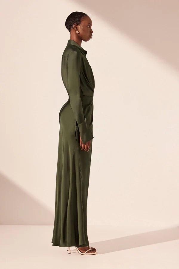 Shona Joy Shae Draped Shirt Maxi Dress - Pine Green photo 2