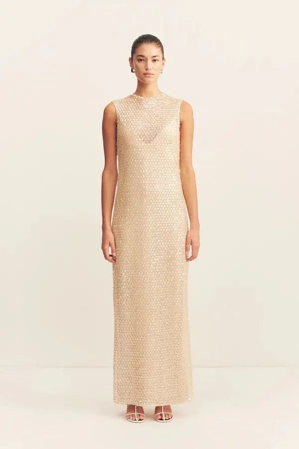 Shona Joy Everly High Neck Sleeveless Maxi Dress Macadamia Size 10 photo 3