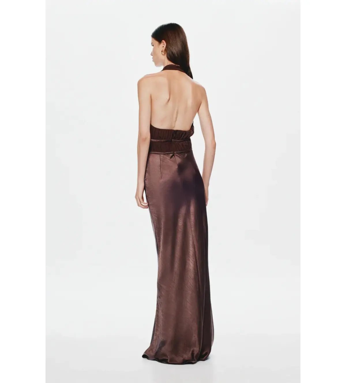 Misha The Celine Satin and Mesh Maxi Dress in Umber Brown Size 8 photo 3