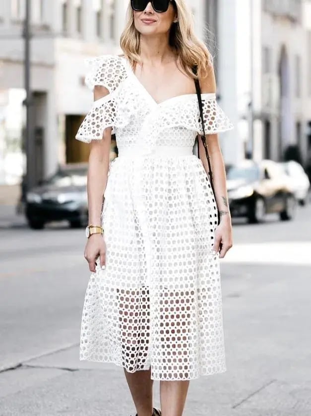Self Portrait Asymmetric Ruffle Off the Shoulder Dress White Size 14 photo 2