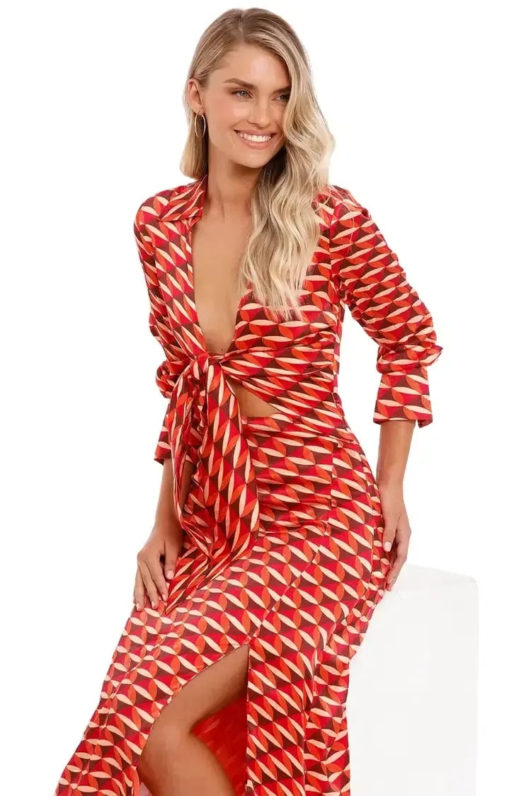 Nicholas Perle Tie Front Midi Dress in Geo Print Size 16 photo 3