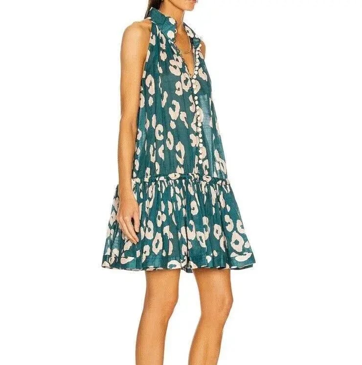 Zimmermann Shelly Swing Gathered Cotton Mini Dress Teal Leopard Print Size 0P / AU 6 / US 2 photo 2