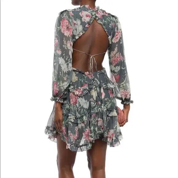 Zimmermann Iris Corsair Open-Back Ruffled Silk Mini Dress Floral Size 1 / AU 10 photo 2