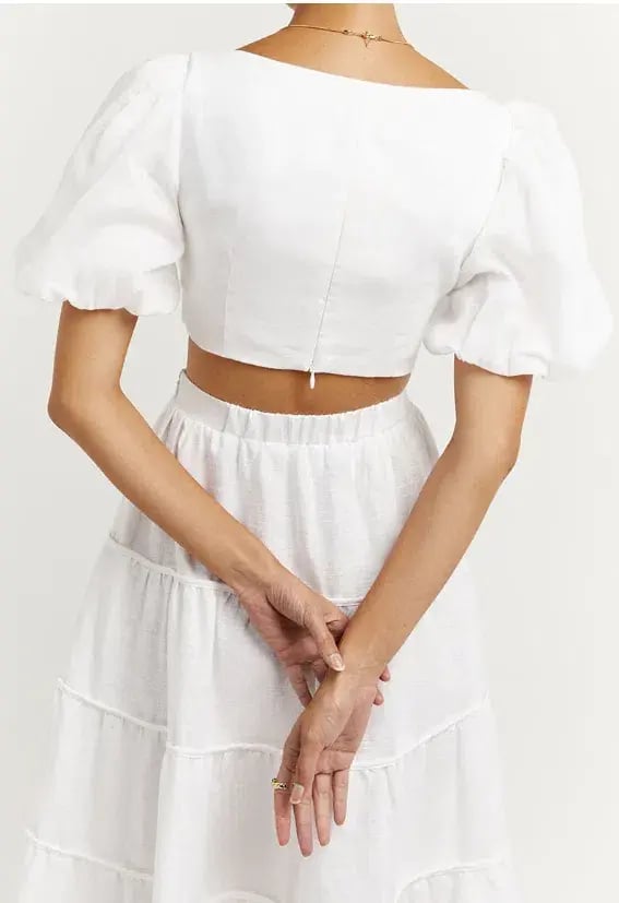 DISSH Aisle Linen Tier Long Skirt and Vienna Linen Curved Crop Top Set White Size 6 AU photo 4