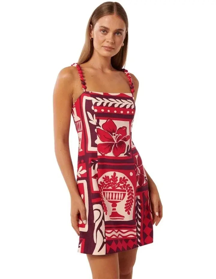 Forever New Sasha Strappy Printed Linen Mini Dress Athena Tile Size 10 photo 4