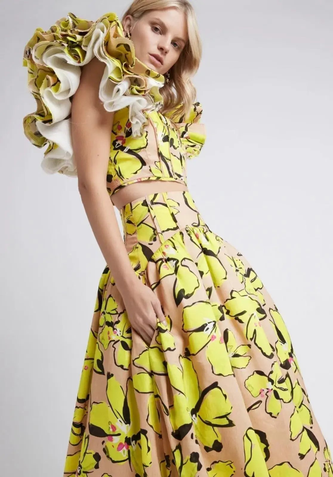 Aje Pelicano Citrus Bloom Midi Skirt and Frill Cropped Top Set Print Size 8 photo 2