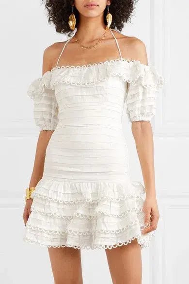Zimmermann Allia Pintuck Off-the-soulder Ruffled Linen Mini Dress White Size 6 photo 3
