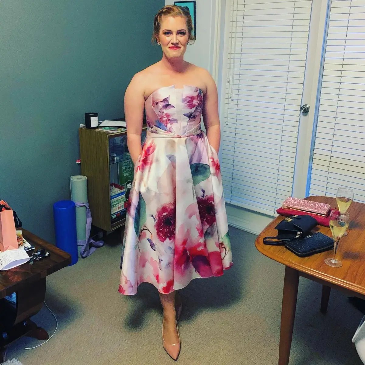 Marchesa Notte Strapless Draped Printed Mikado Pique Tea Length Dress Blush Size 12 photo 3