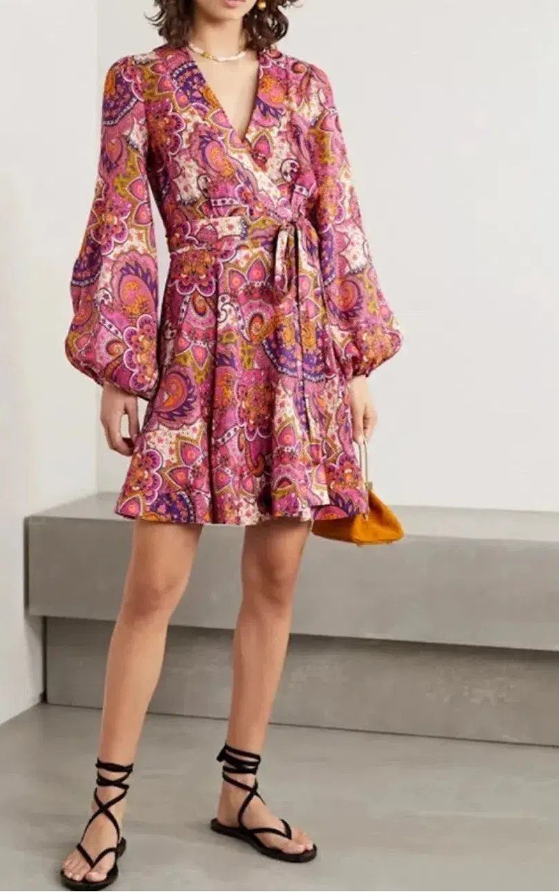 Zimmermann Dress Pink Paisley Fiesta Linen Wrap Size 0/AU 8 photo 4