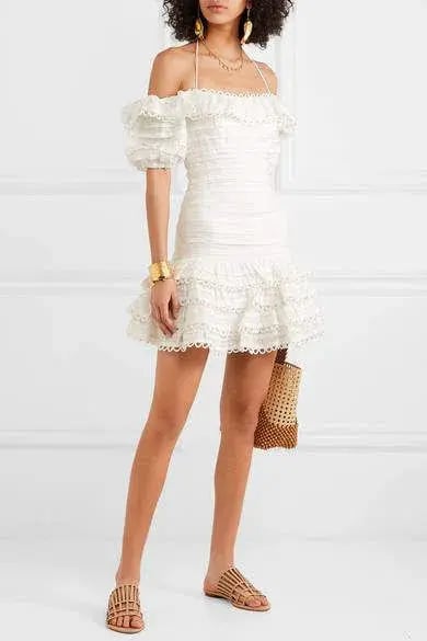 Zimmermann Allia Pintuck Off-the-soulder Ruffled Linen Mini Dress White Size 6 photo 2