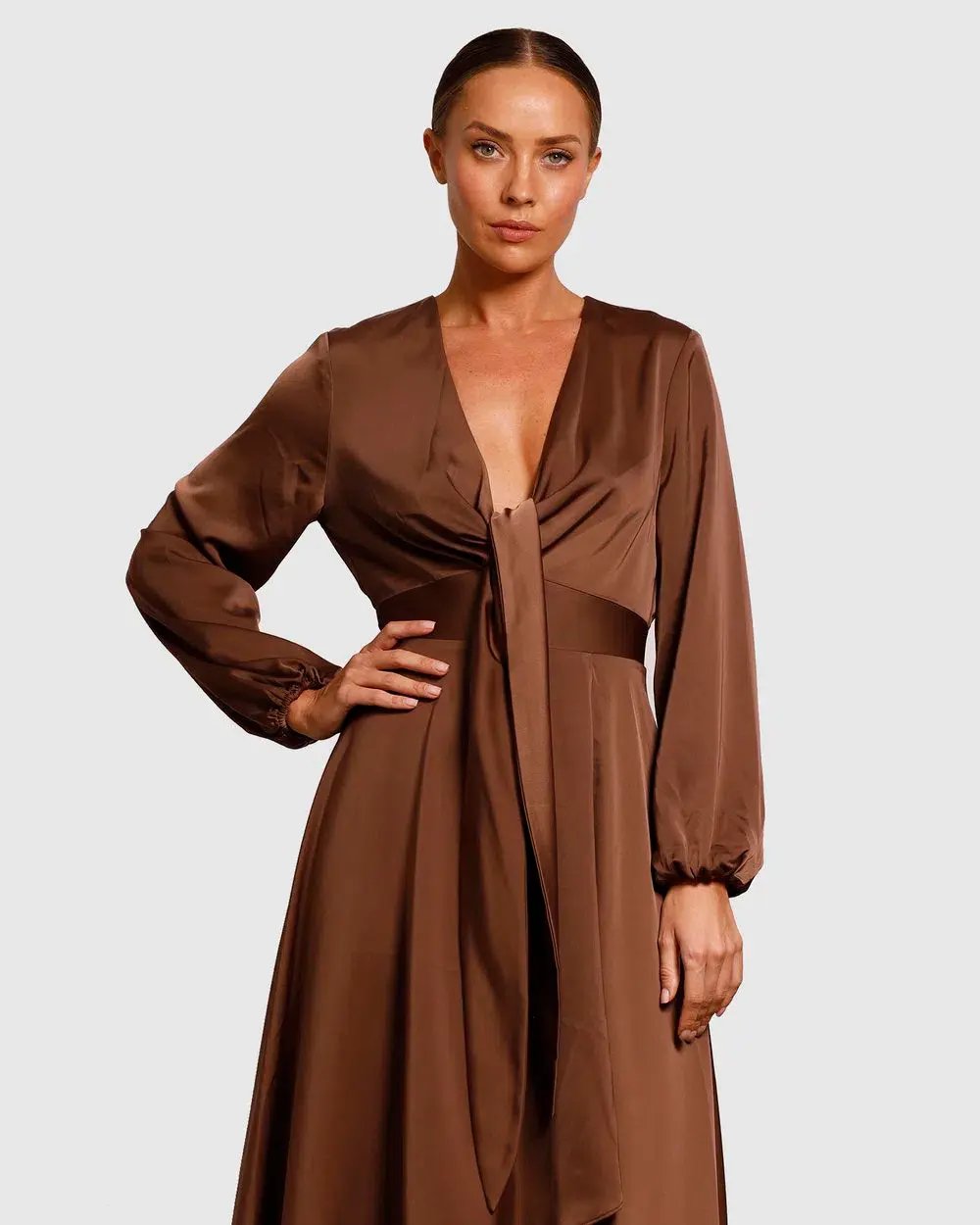 Pasduchas Cherish Tie Midi Dress Chocolate Brown Size 8 photo 2