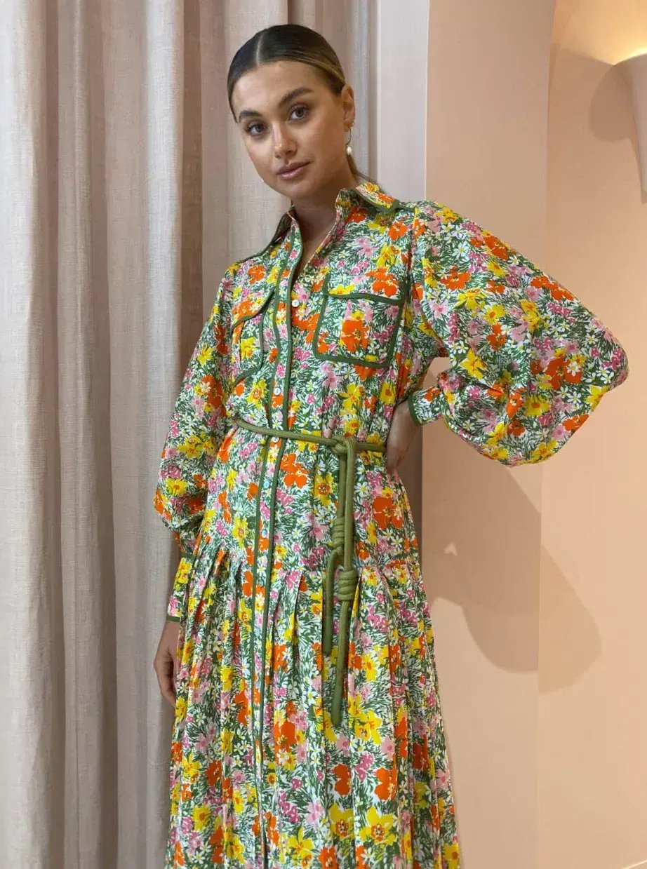 Alemais Cabana Midi Shirtdress in Multi Green Size AU 8 photo 2