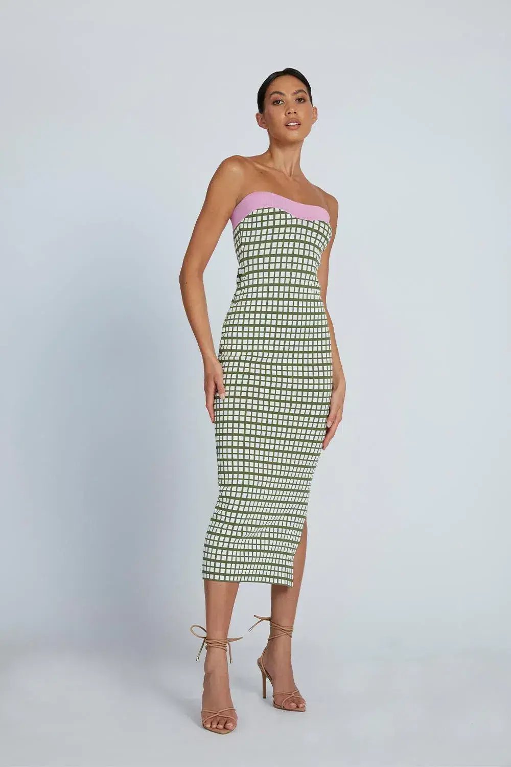 By Johnny Isabella Check Strapless Knit Midi Dress Army Pink Size 12 / L photo 2