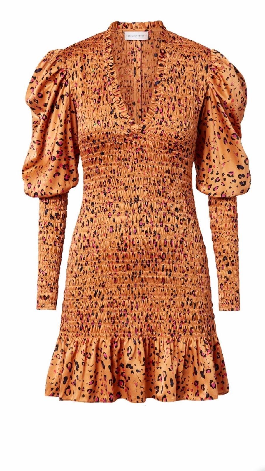 Scanlan Theodore Silk Leopard Shirred Dress Orange Size 8 photo 3