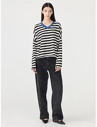Bassike Stripe Boxy V Neck Long Sleeve T-Shirt Black Size 10 photo 2
