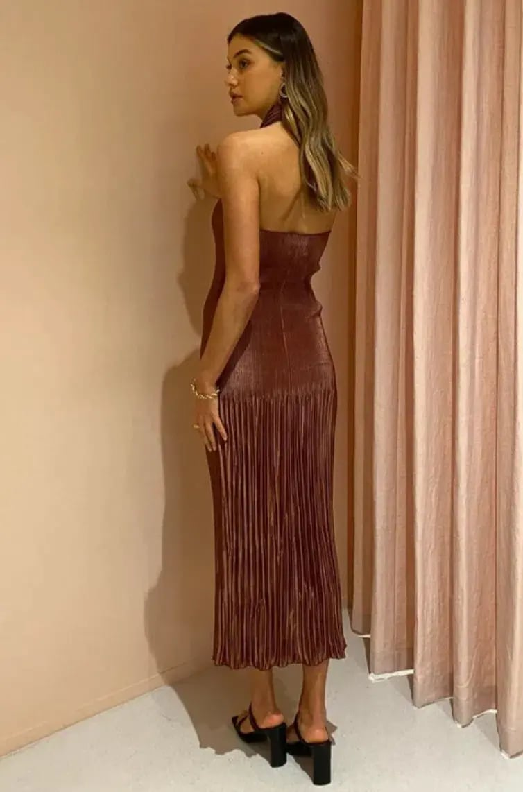 L'Idee Soiree Pleated Halter Dress in Chocolate Size 10 photo 4