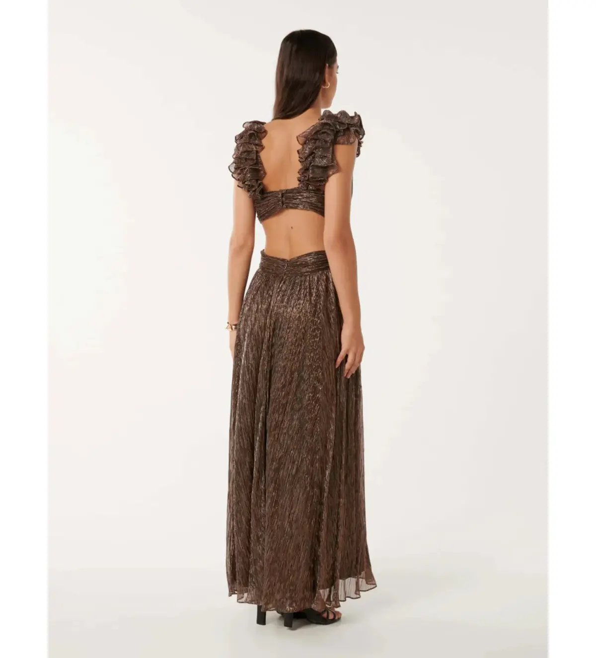 Selena Plisse Ruffle Shoulder Maxi Dress Brown Size 10 photo 3