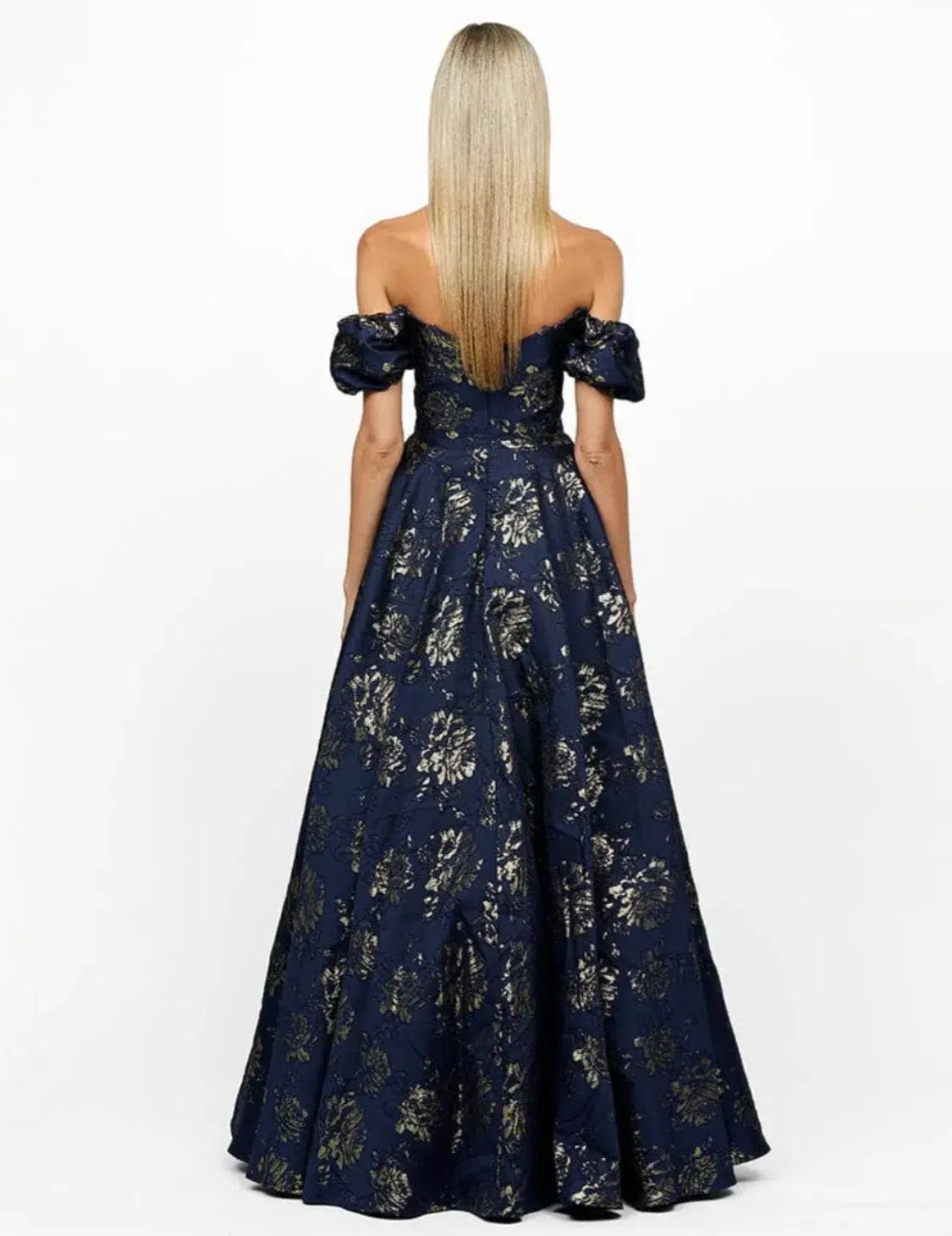 Bariano Sandy Sweetheart Off Shoulder Gown Navy/Gold Size 16 photo 3