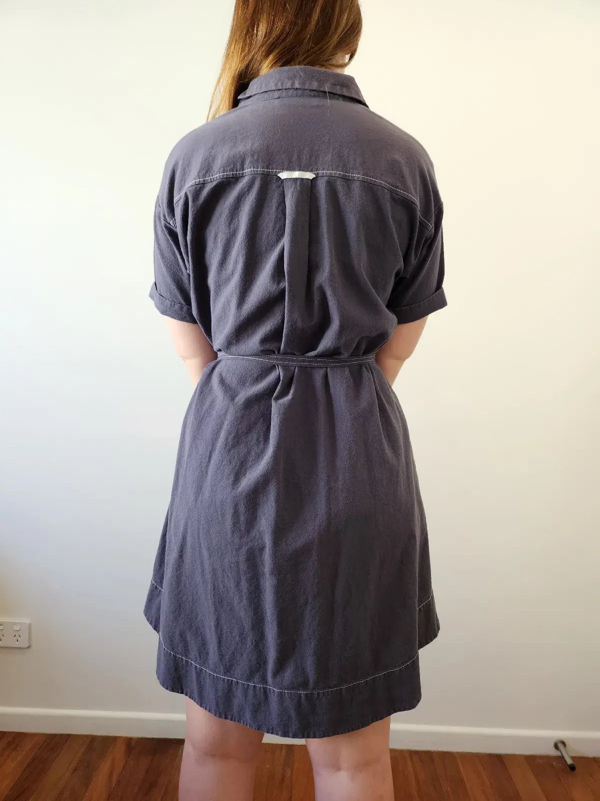 Cue Button Up Dress with Belt Navy Size 8 photo 4