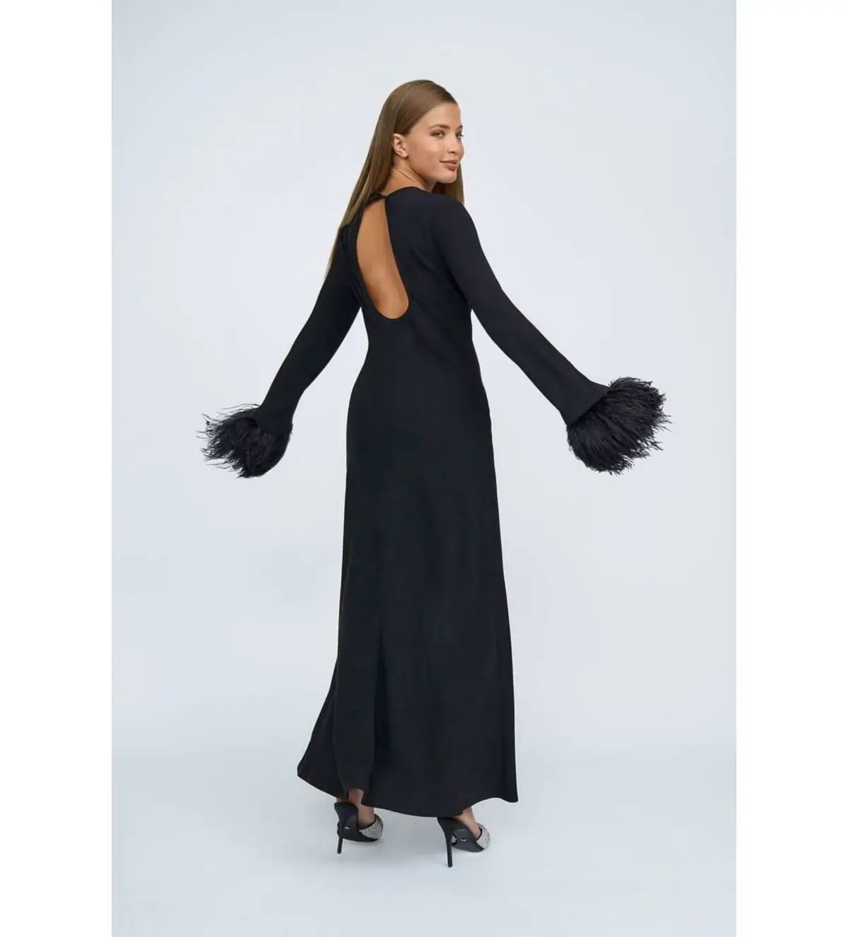 By Johnny Miranda Feather Cuff Full Length Dress Black Size 12 photo 2