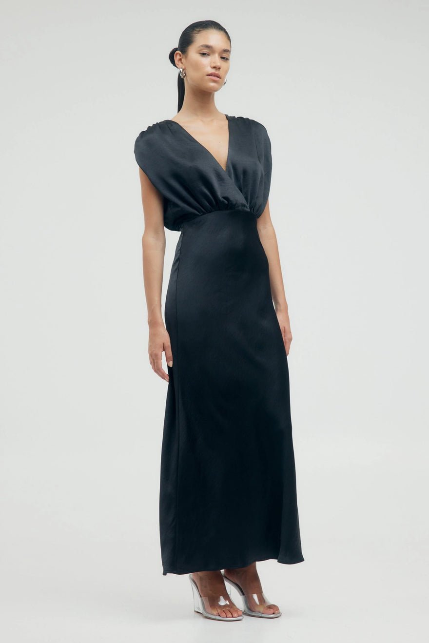 Third Form Satin Cross Over Gather Dress - Black photo 3