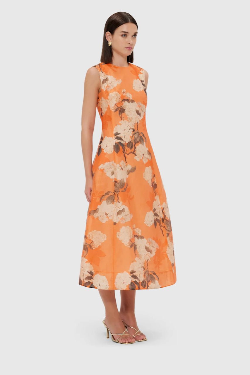LEO LIN CLEO SLEEVELESS MIDI DRESS - HYDRANGEA PRINT IN TANGERINE photo 3