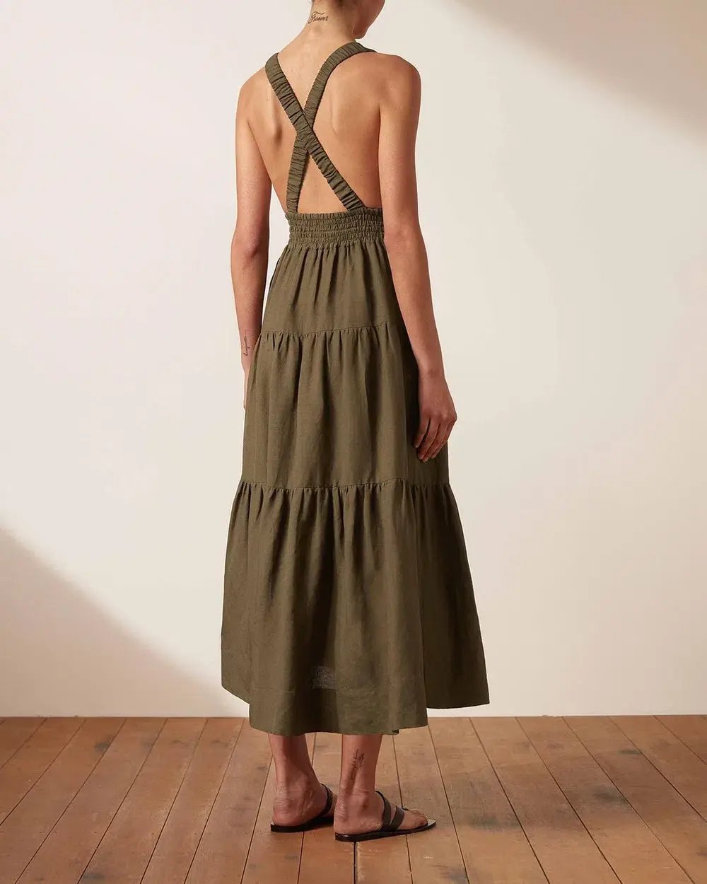 Shona Joy Juliana Linen Plunged Cross Back Dress in Forest Green Size 14 photo 2