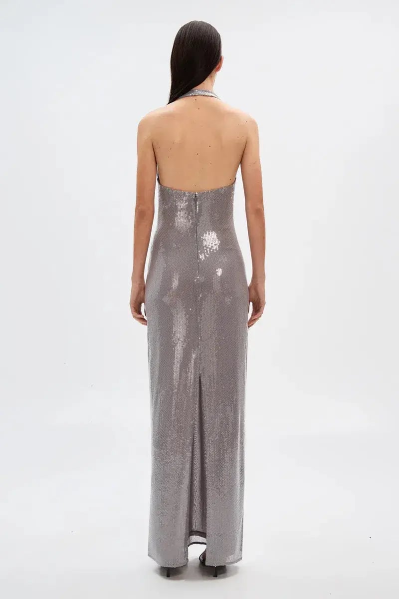 Misha The Alusia Maxi Dress Silver Sequin Size 8 photo 3