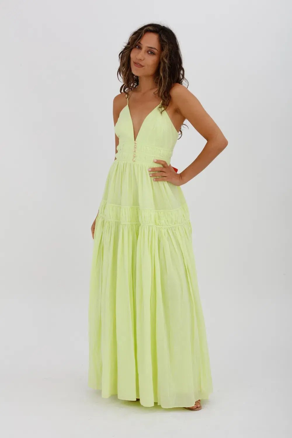 Aje Grace Tiered Midi Dress Pastel Yellow Green Size 10 photo 3