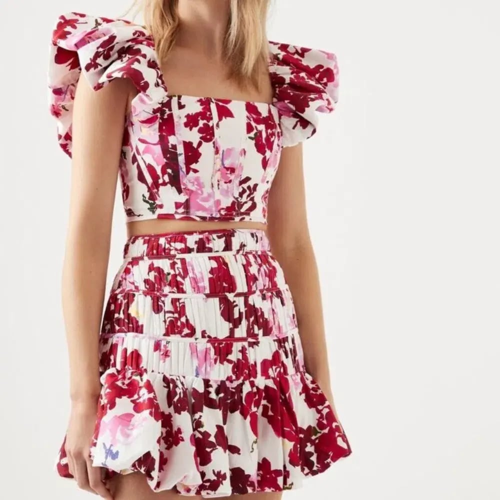 Aje Margot Bubble Frill Top and La Vie Bubble Mini Skirt Set Roses Of Provence Print Size 14 photo 4