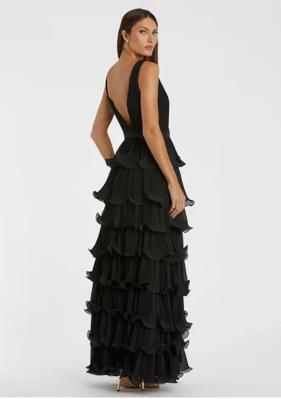 Mac Duggal Sleeveless Ruffle Tiered V Neck Gown Black Size 16 photo 2