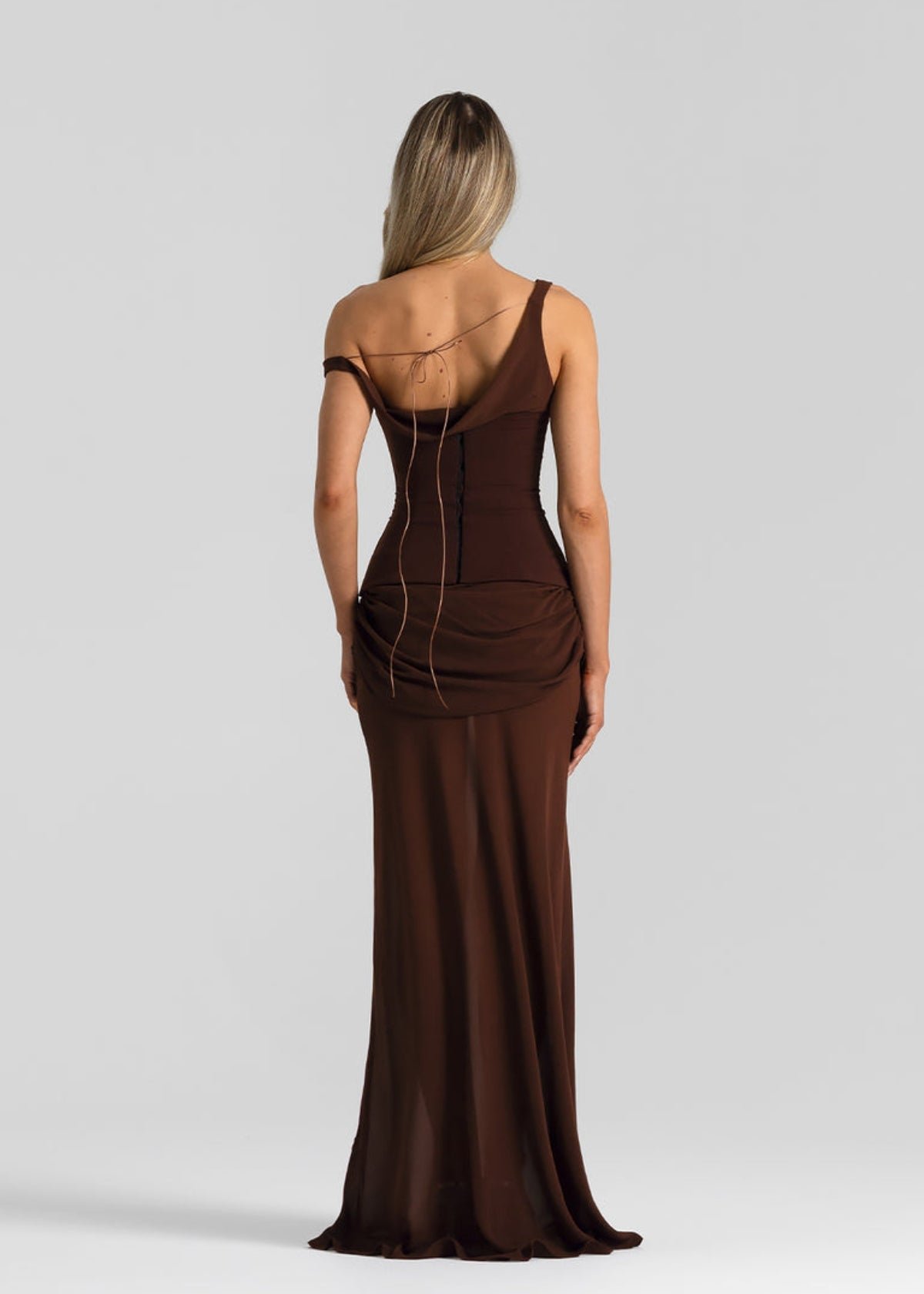 Cadence Crepe Corset Dress in Espresso photo 2