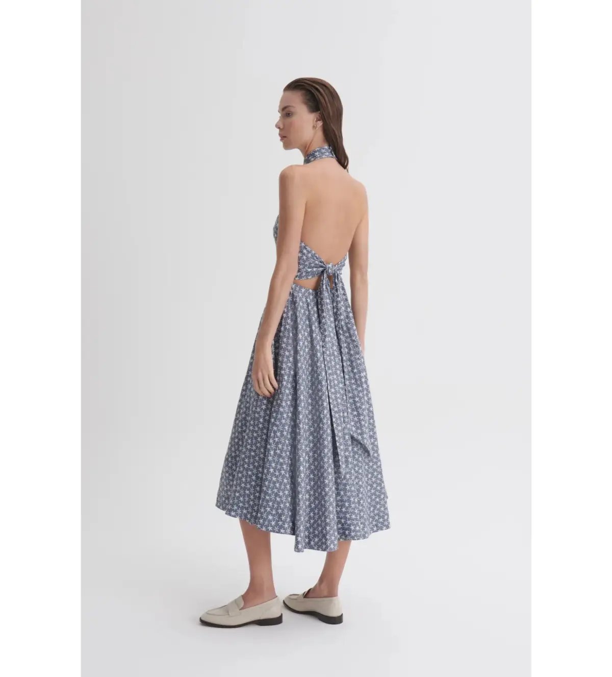 Scanlan Theodore Linen Printed Halter Midi Dress Blue White Size AU 6 photo 3