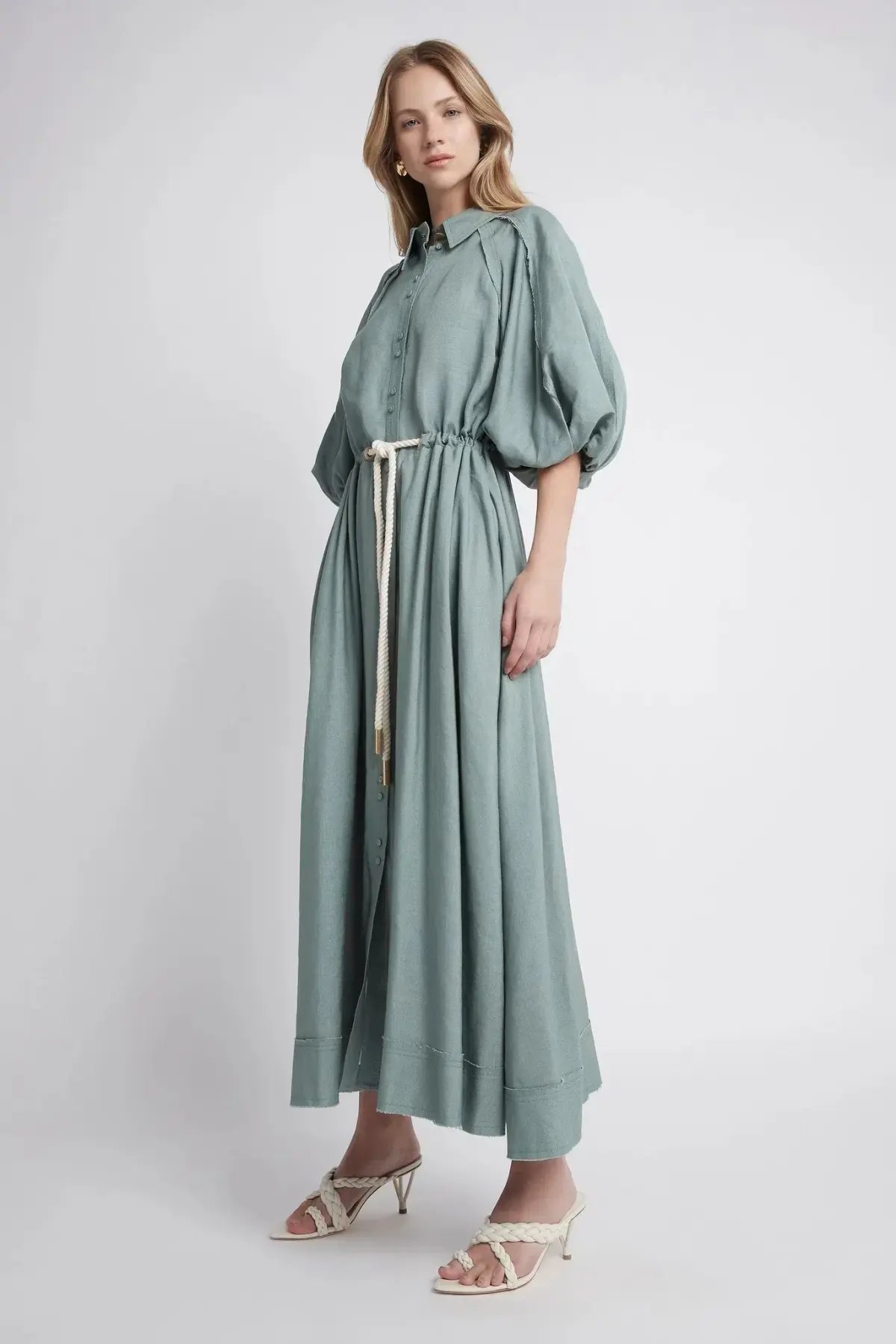 Aje Bonjour Belted Shirt Midi Dress Green Size 16 photo 4
