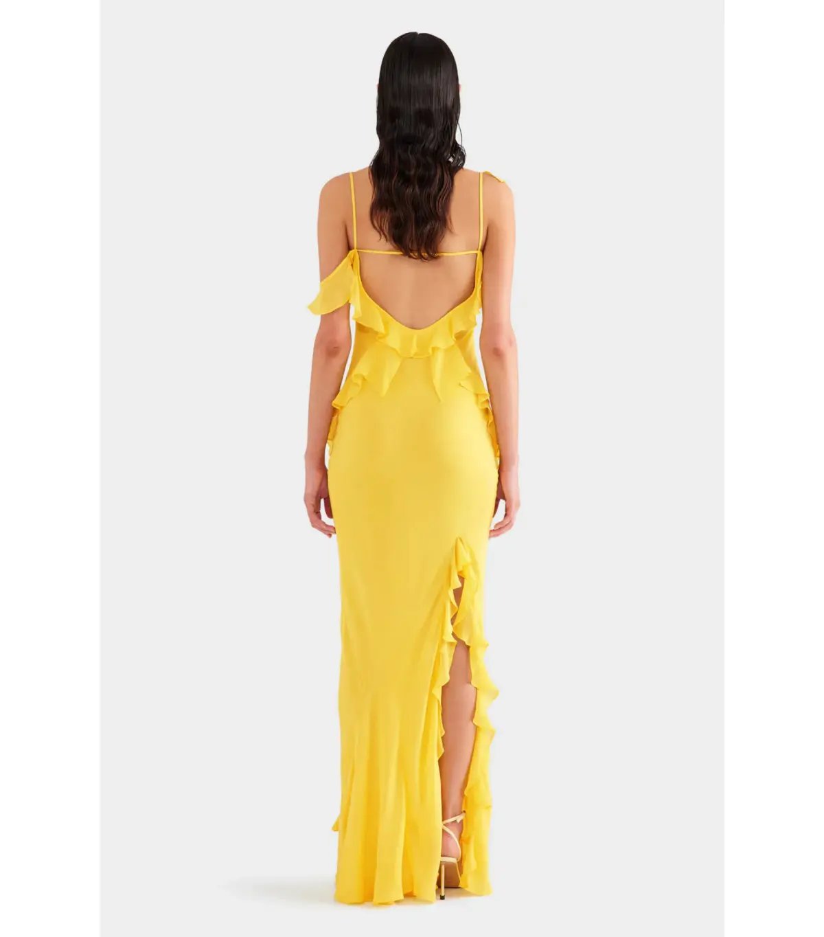 Venroy Asymmetric Low Back Silk Ruffle Dress Yellow Gold Size AU 8 photo 5