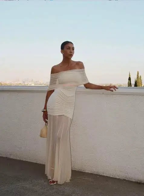 Meshki Caspian Slinky And Mesh Off Shoulder Maxi Dress Ivory Size M / AU 10 photo 5