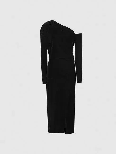 Reiss Bella Asymmetrical Neck Velvet Dress in Black Size AU 6 photo 3